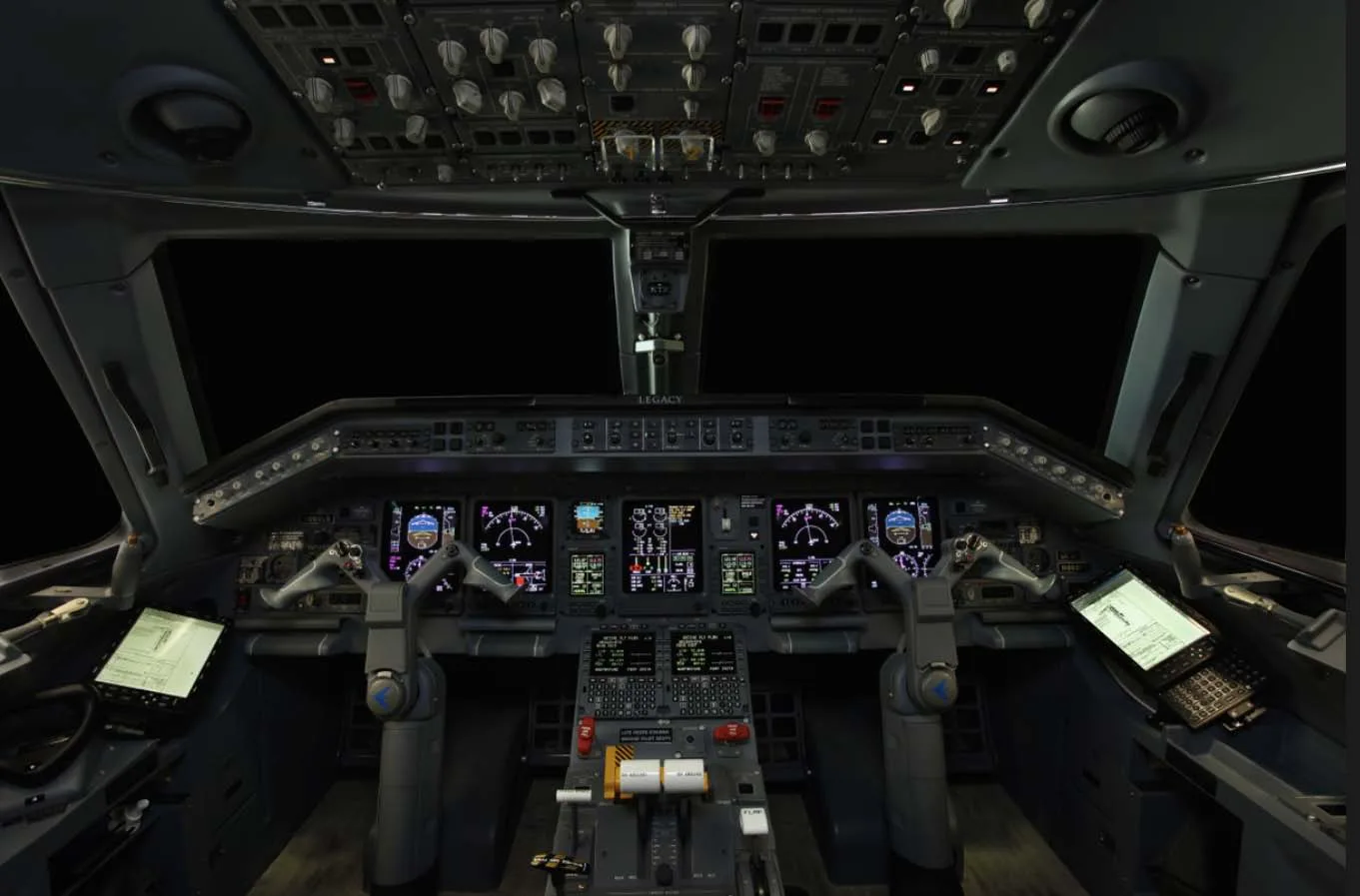 Cockpit and instrument panel of a 2008 Embraer Legacy 600.