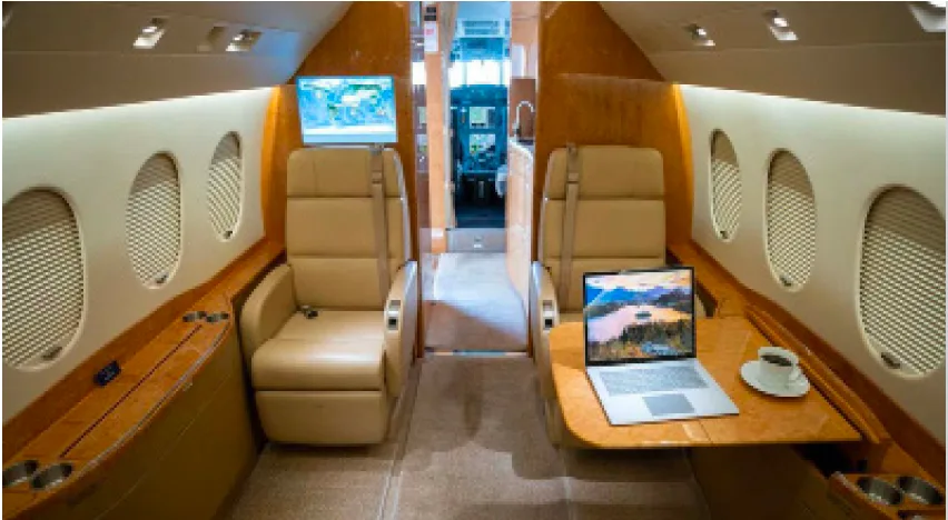 Cabin interior of a 2019 Dassault Falcon 2000LXS.
