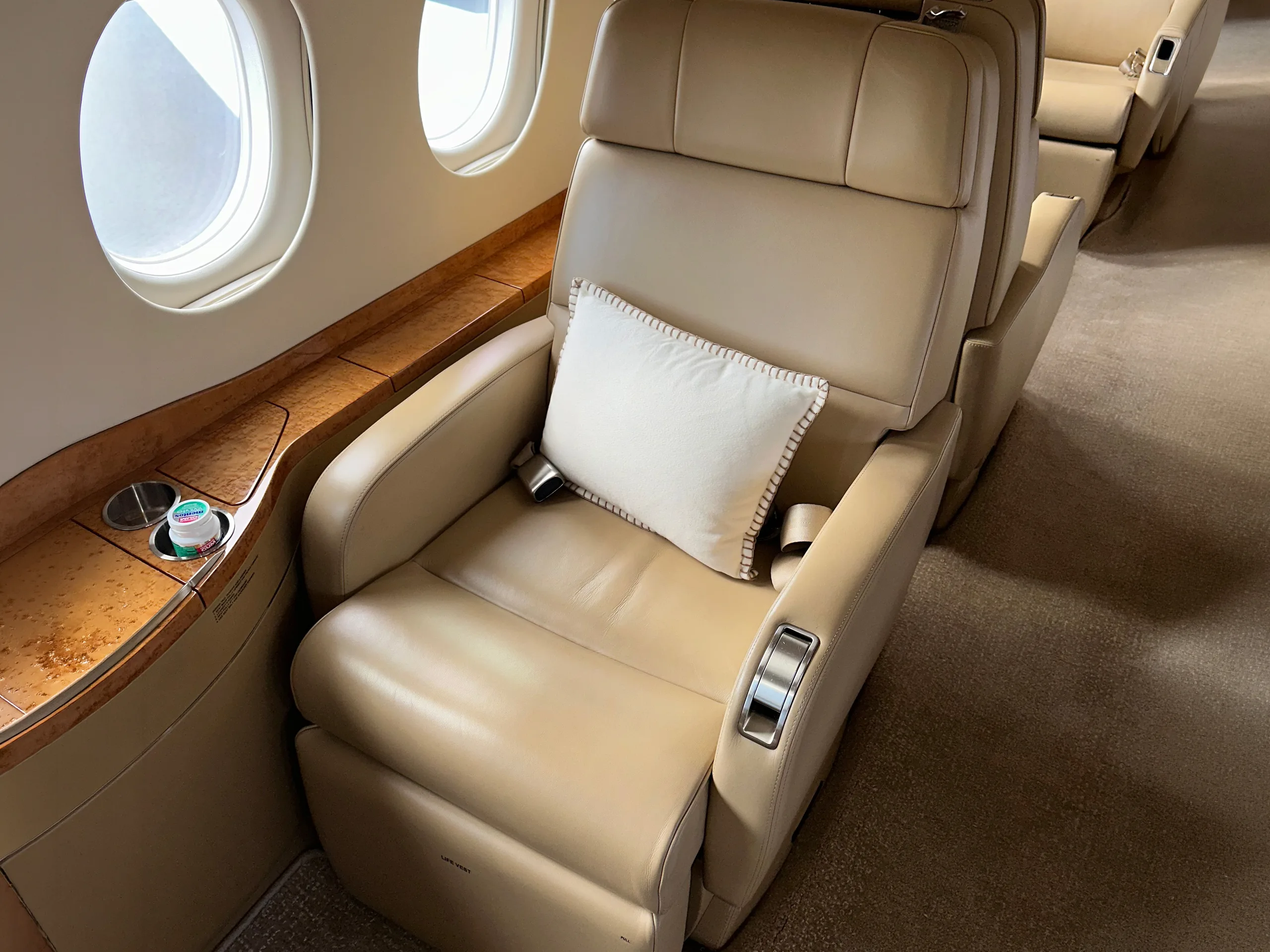 Cabin interior of a 2019 Dassault Falcon 2000LXS.