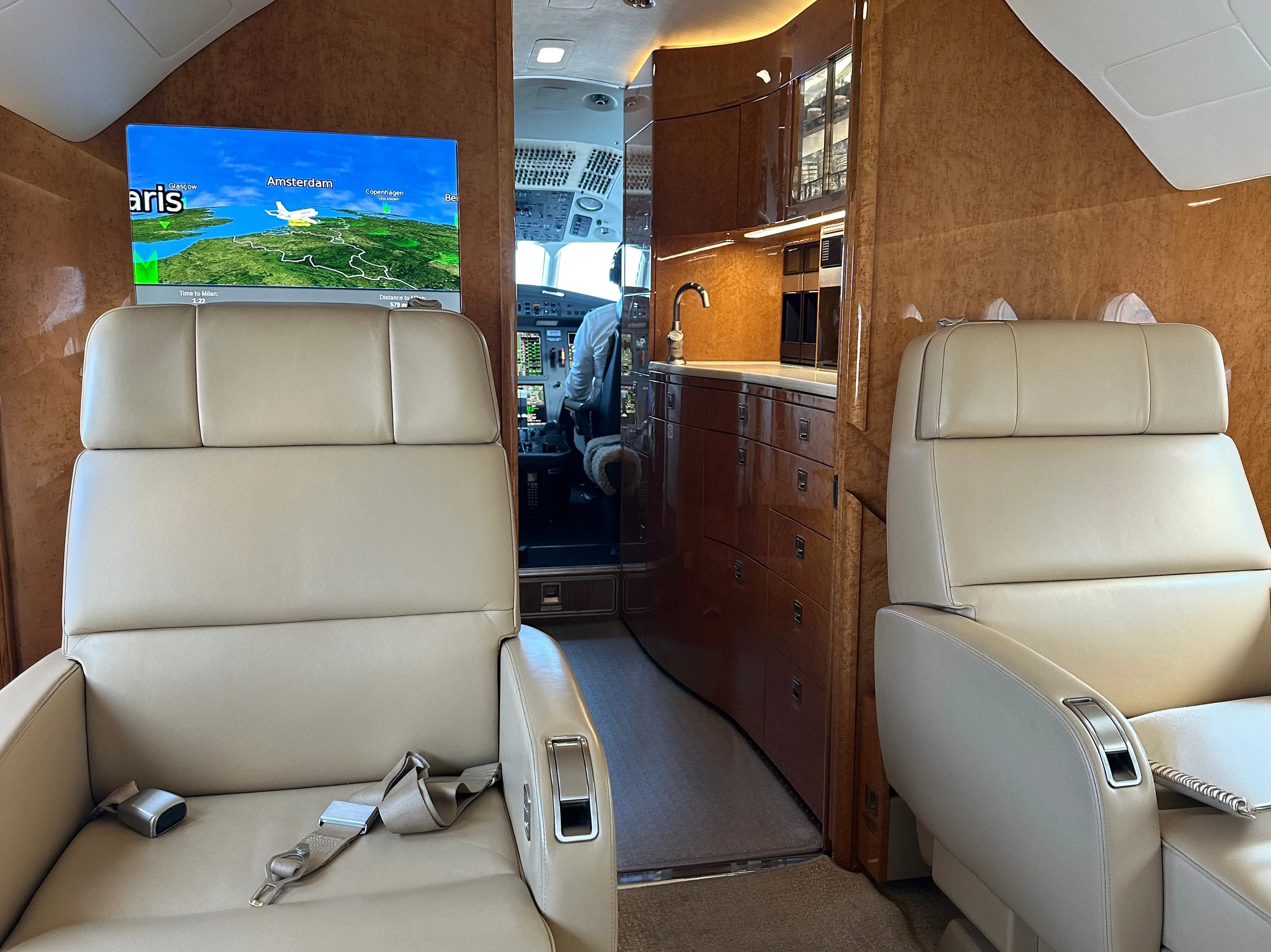 Cabin interior of a 2019 Dassault Falcon 2000LXS.