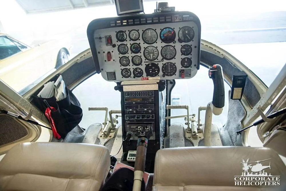 Cockpit and instrument panel of a 1981 Bell 206 BIII JetRanger.