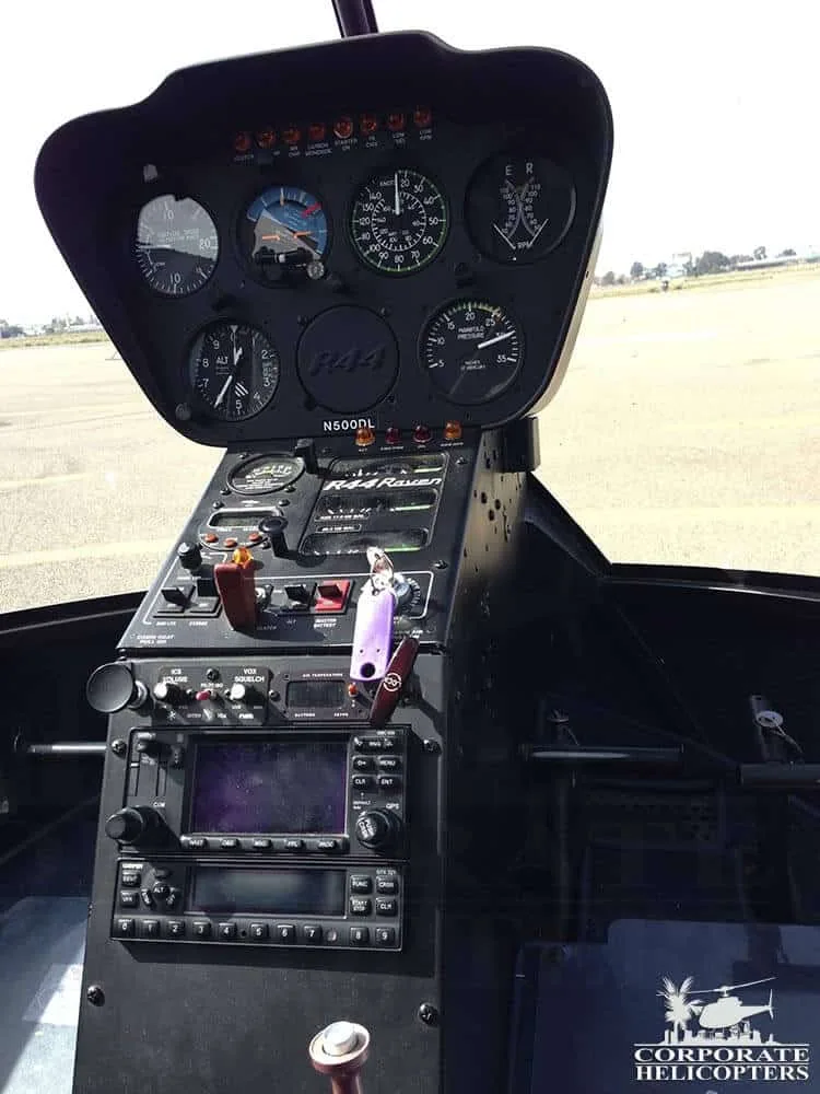 Cockpit and instrument panel of a 2002 Robinson R44 Raven I.