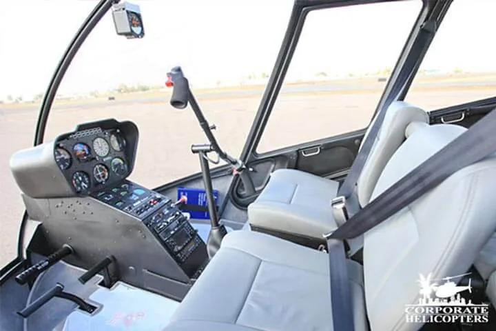 Cockpit and instrument panel of a 2013 Robinson R66 Turbine.