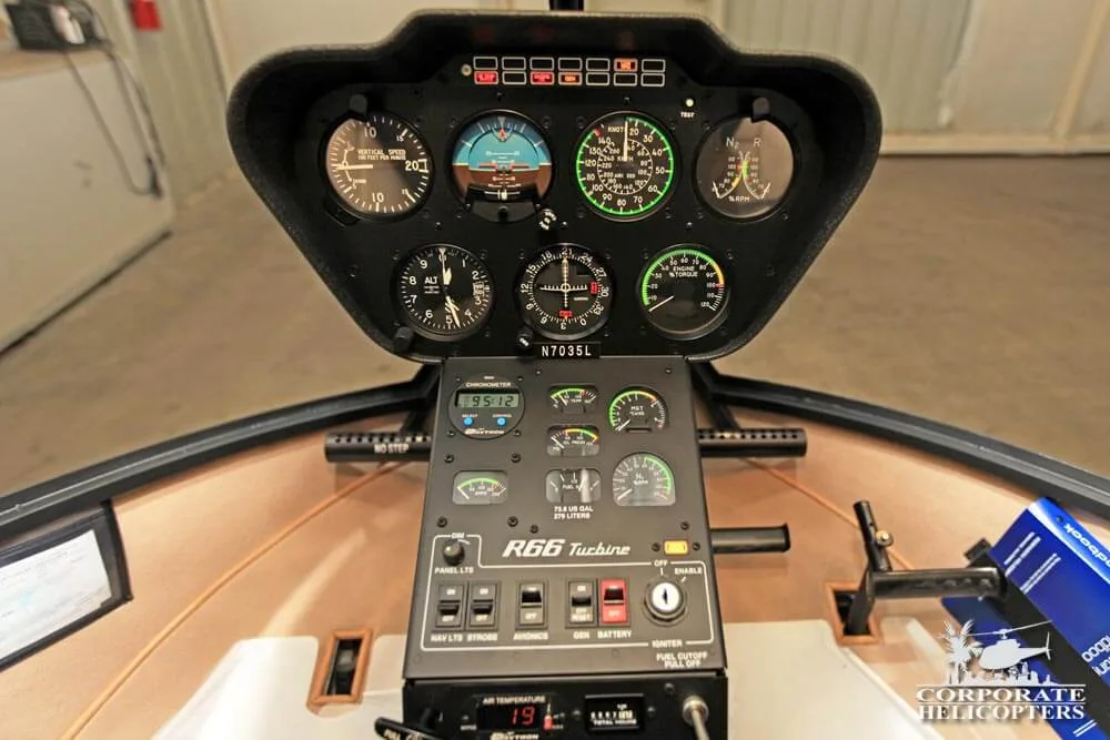 Cockpit and instrument panel of a 2014 Robinson R66 Turbine.