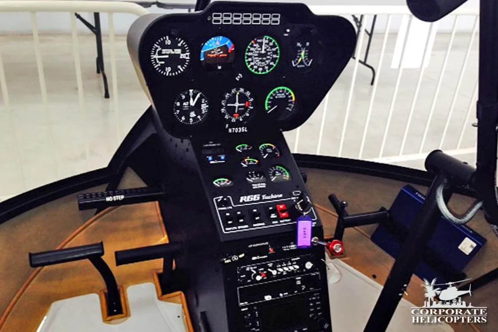 Cockpit and instrument panel of a 2014 Robinson R66 Turbine.