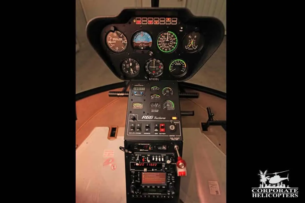 Cockpit and instrument panel of a 2014 Robinson R66 Turbine.