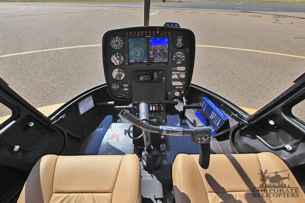Cockpit and instrument panel of a 2017 Robinson R44 Cadet.