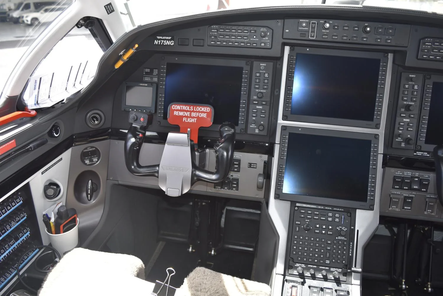 Cockpit and instrument panel of a 2018 Pilatus.