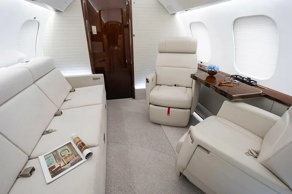 Cabin interior of a 2020 Bombardier Global 7500.