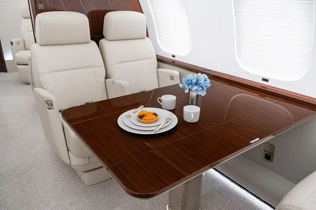 Cabin interior of a 2020 Bombardier Global 7500.