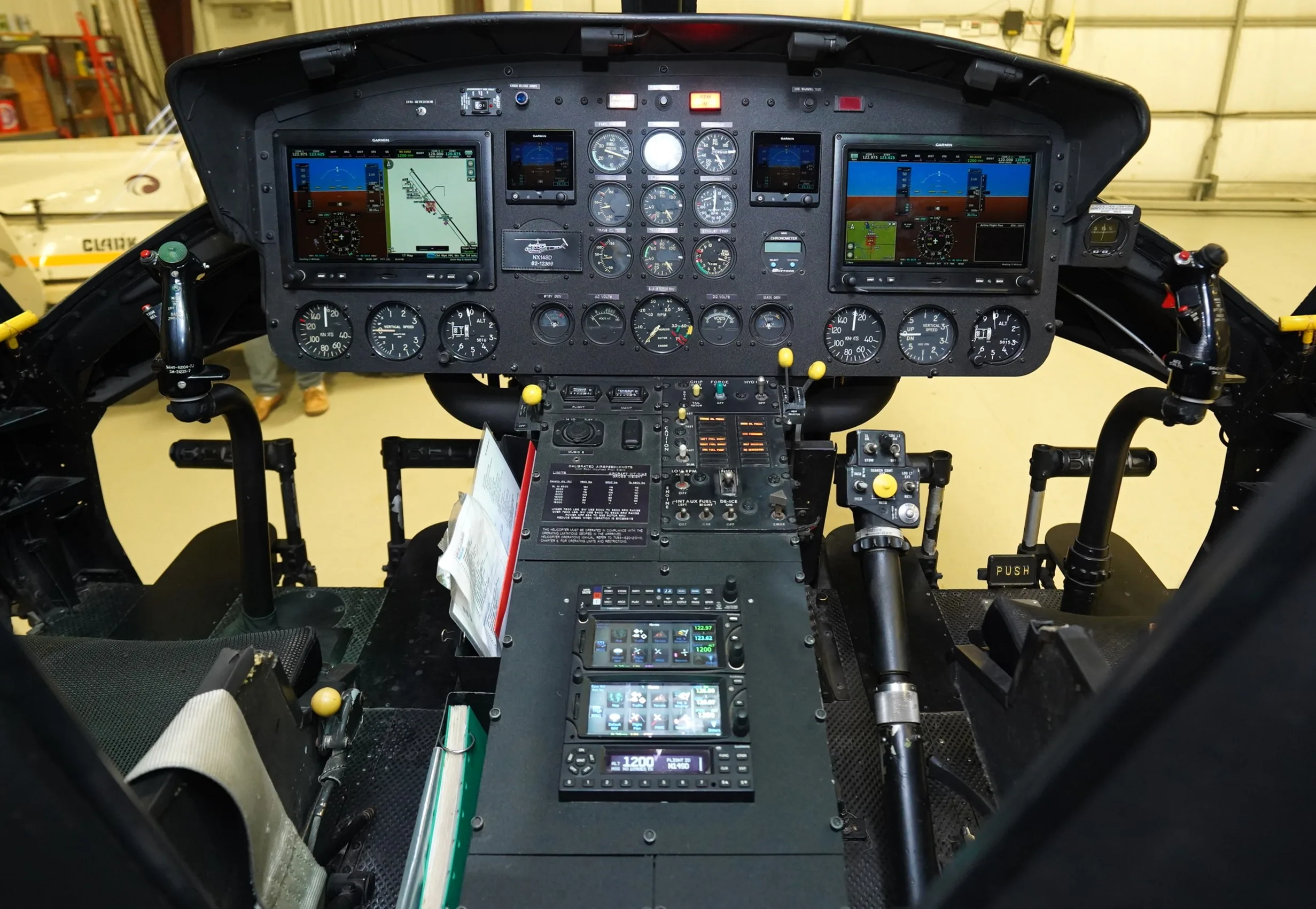 Cockpit and instrument panel of a 1962 Bell UH-1H Huey.