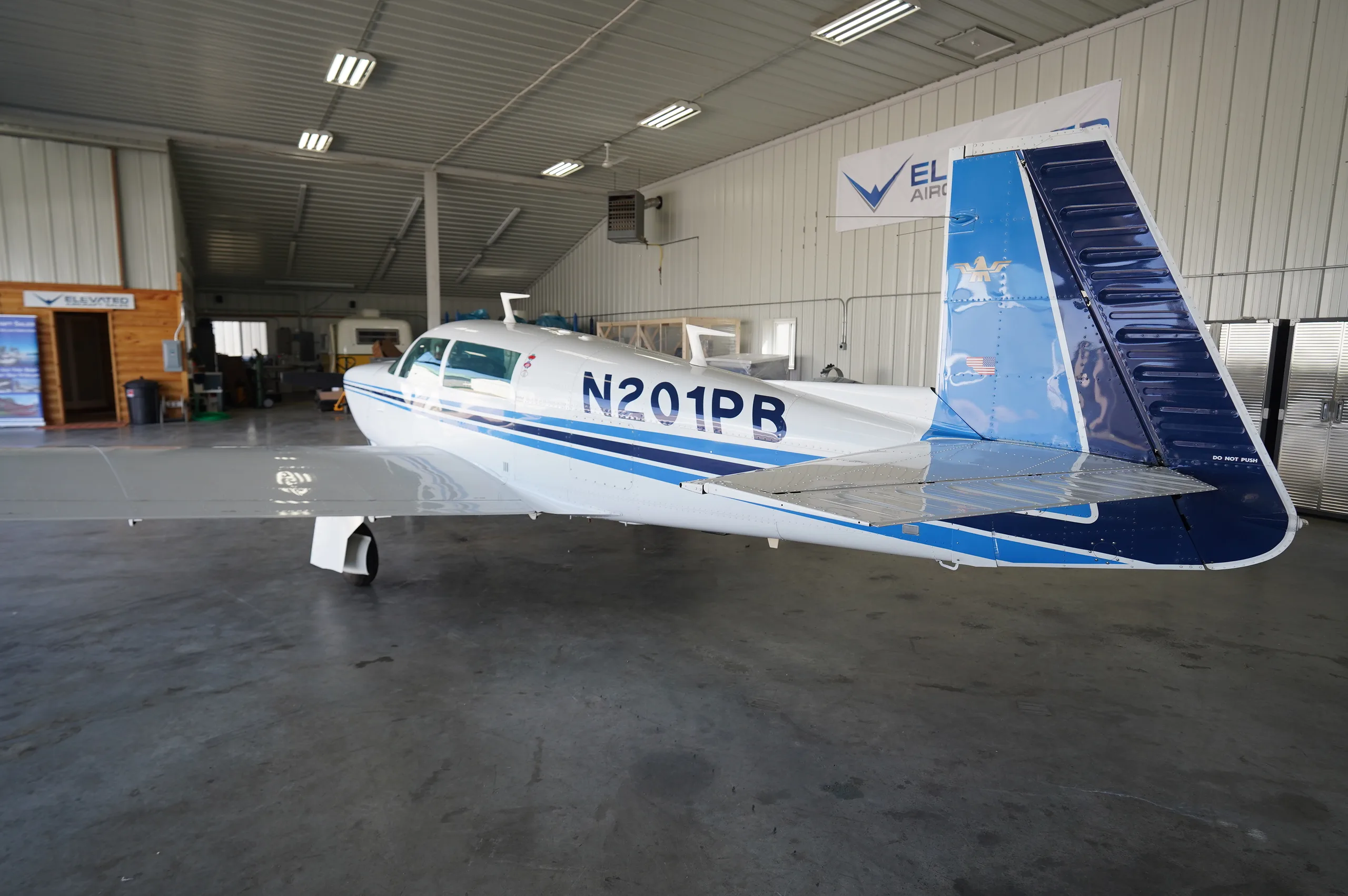 Exterior view of a 1977 Mooney M20J 201, N201PB.
