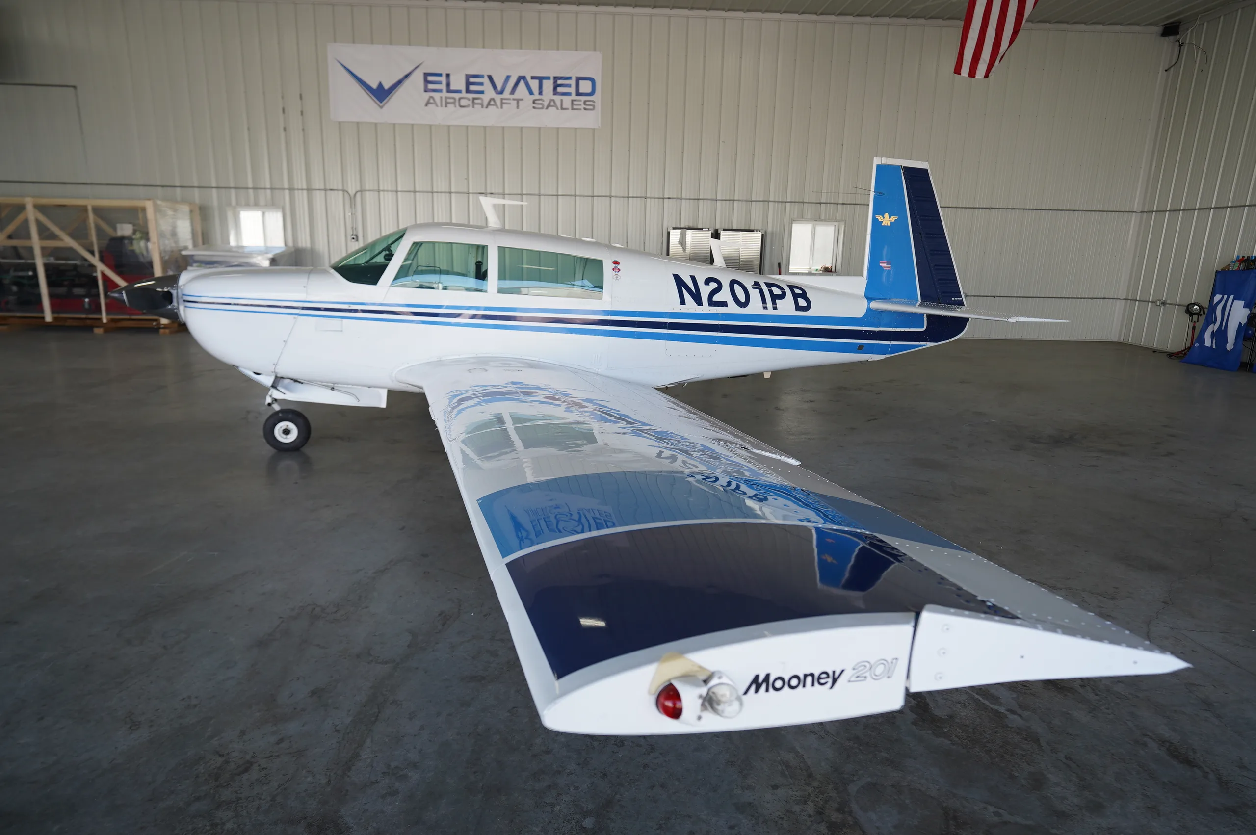 Exterior view of a 1977 Mooney M20J 201, N201PB.