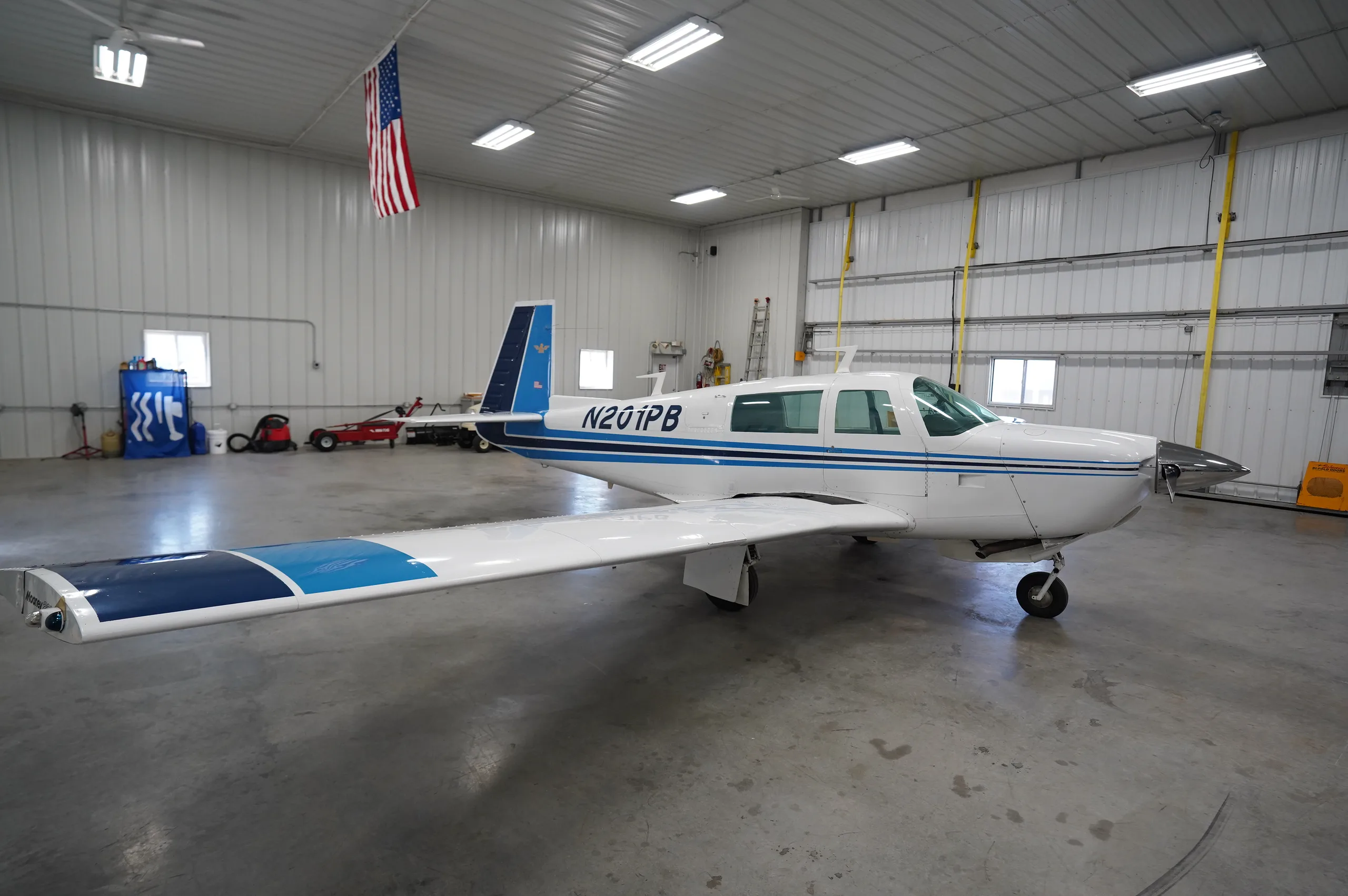 Exterior view of a 1977 Mooney M20J 201, N201PB.