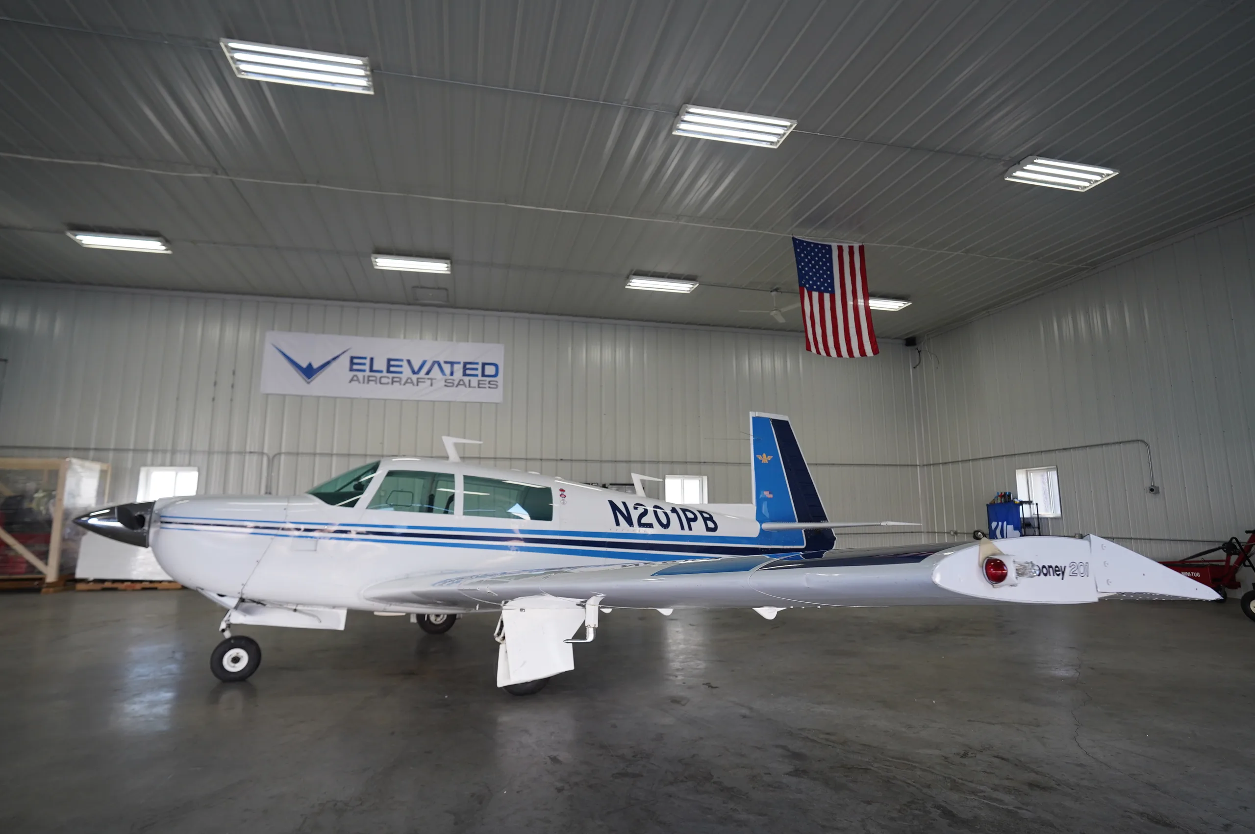 Exterior view of a 1977 Mooney M20J 201, N201PB.