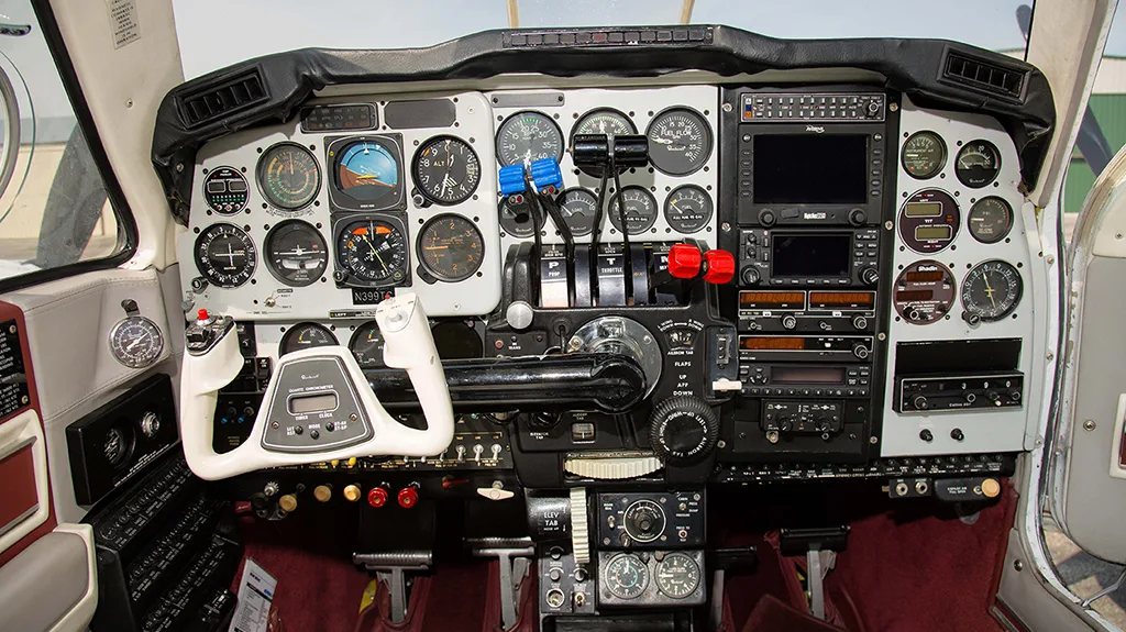 Cockpit and instrument panel of a 1980 Beechcraft Baron 58P.