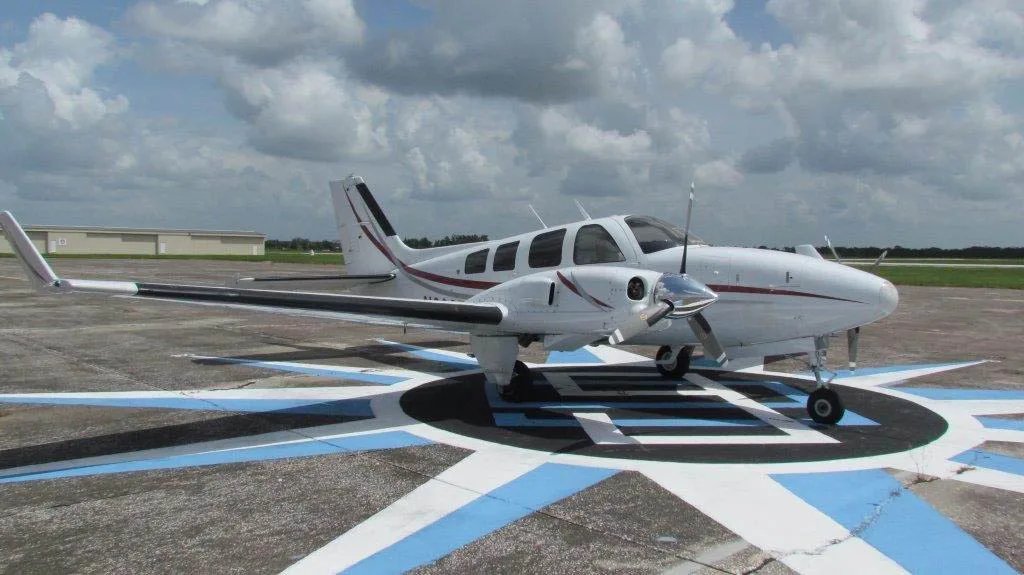 Exterior view of a 1980 Beechcraft Baron 58P.