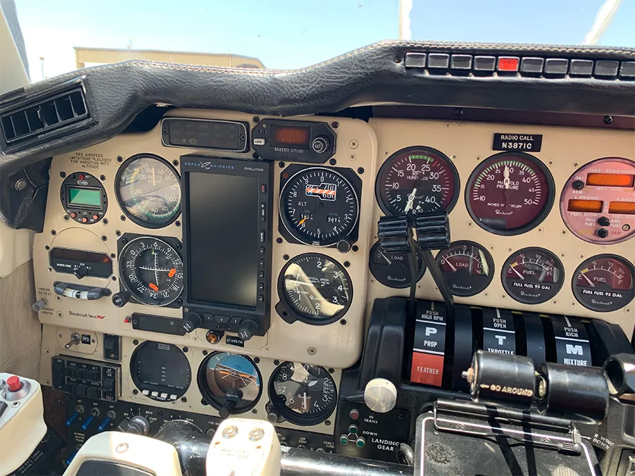 Cockpit and instrument panel of a 1981 Beechcraft Baron 58P.