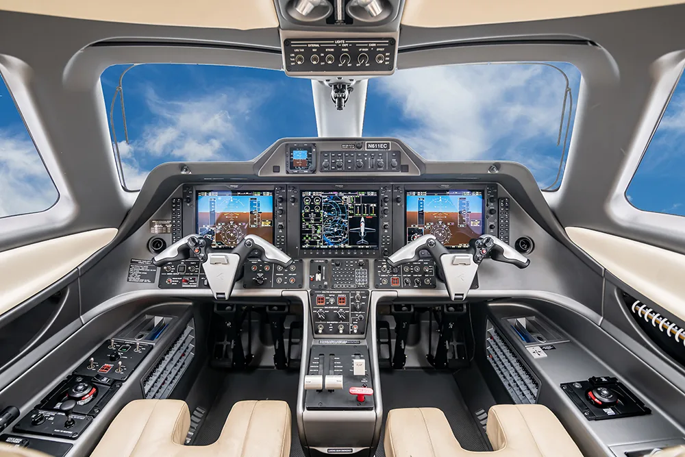 Cockpit and instrument panel of a 2012 Embraer Phenom 100.