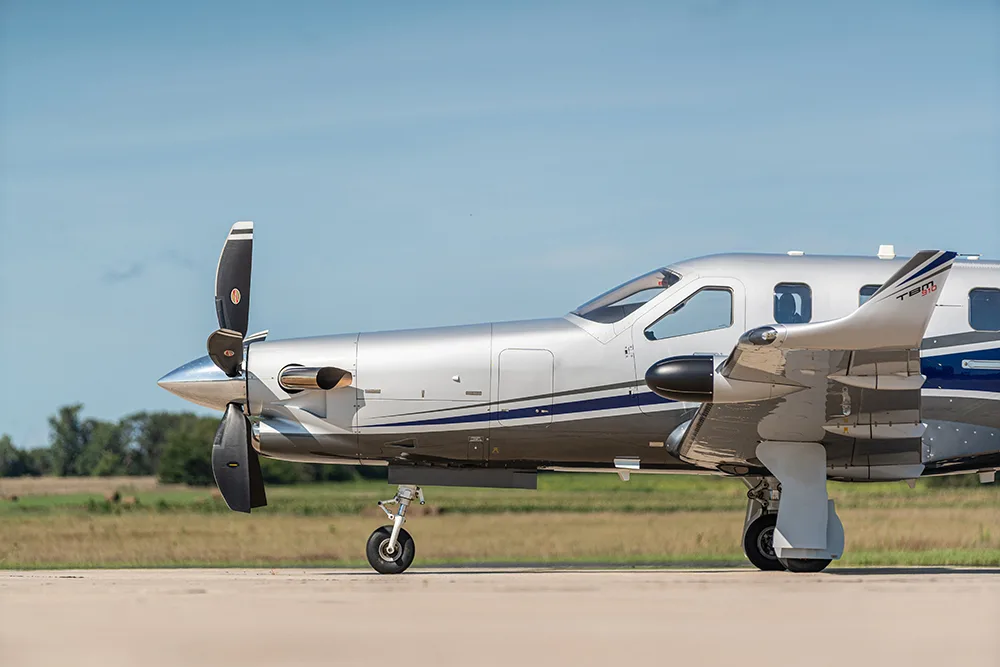 Exterior view of a 2018 Daher TBM 910, N919EA.