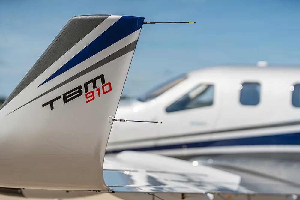 Exterior view of a 2018 Daher TBM 910, N919EA.
