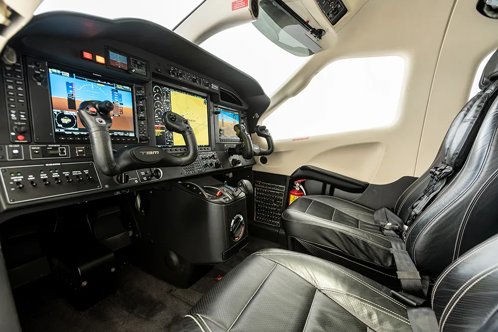Cockpit and instrument panel of a 2018 Daher TBM 910.