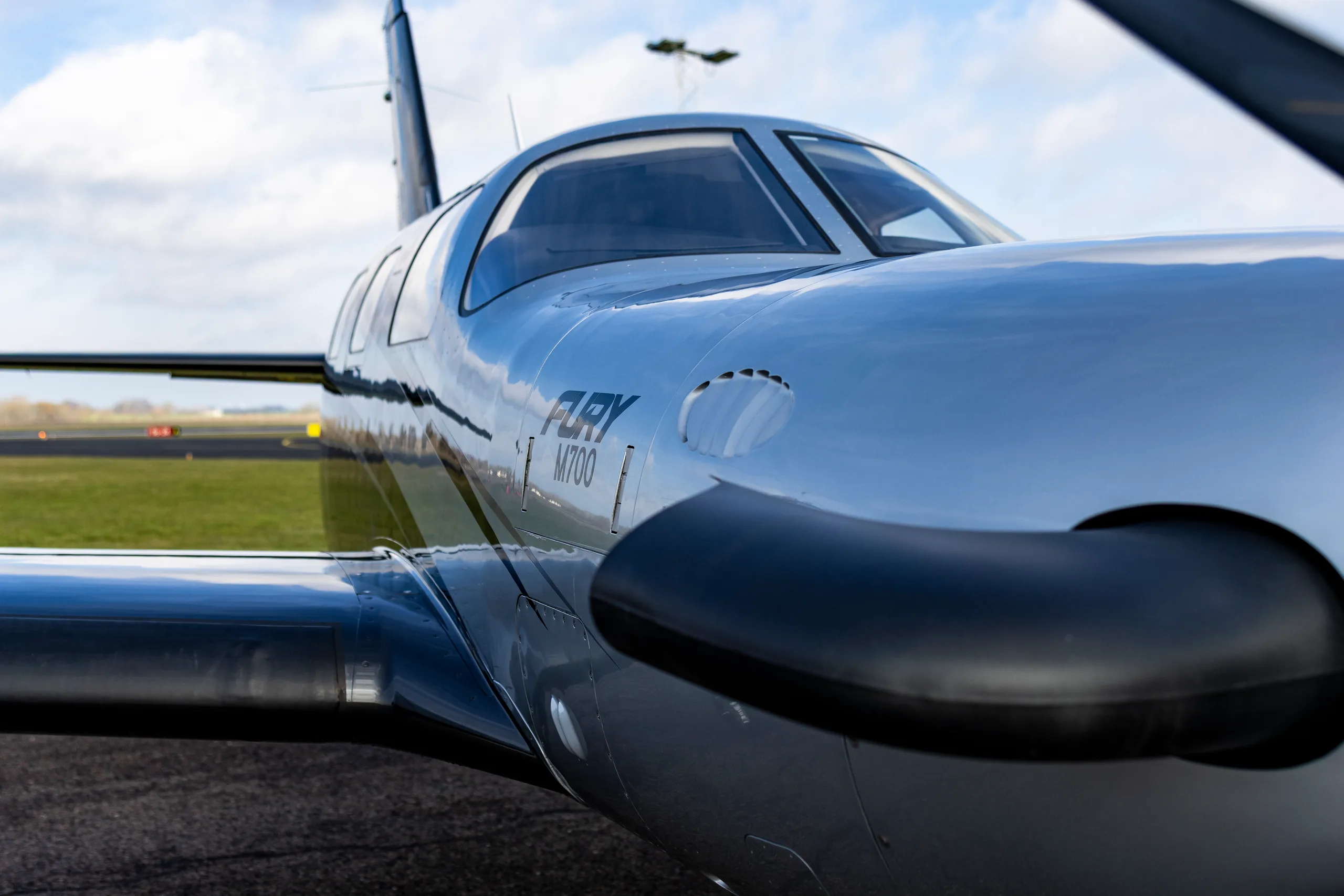 Exterior view of a 2025 Piper M700 Fury, N92FY.