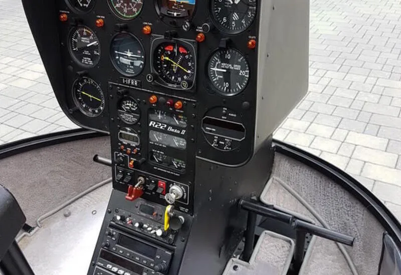 Cockpit and instrument panel of a 2001 Robinson R22 Beta II IFR Trainer.