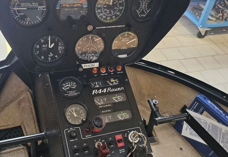 Cockpit and instrument panel of a 2000 Robinson R44 Raven I.