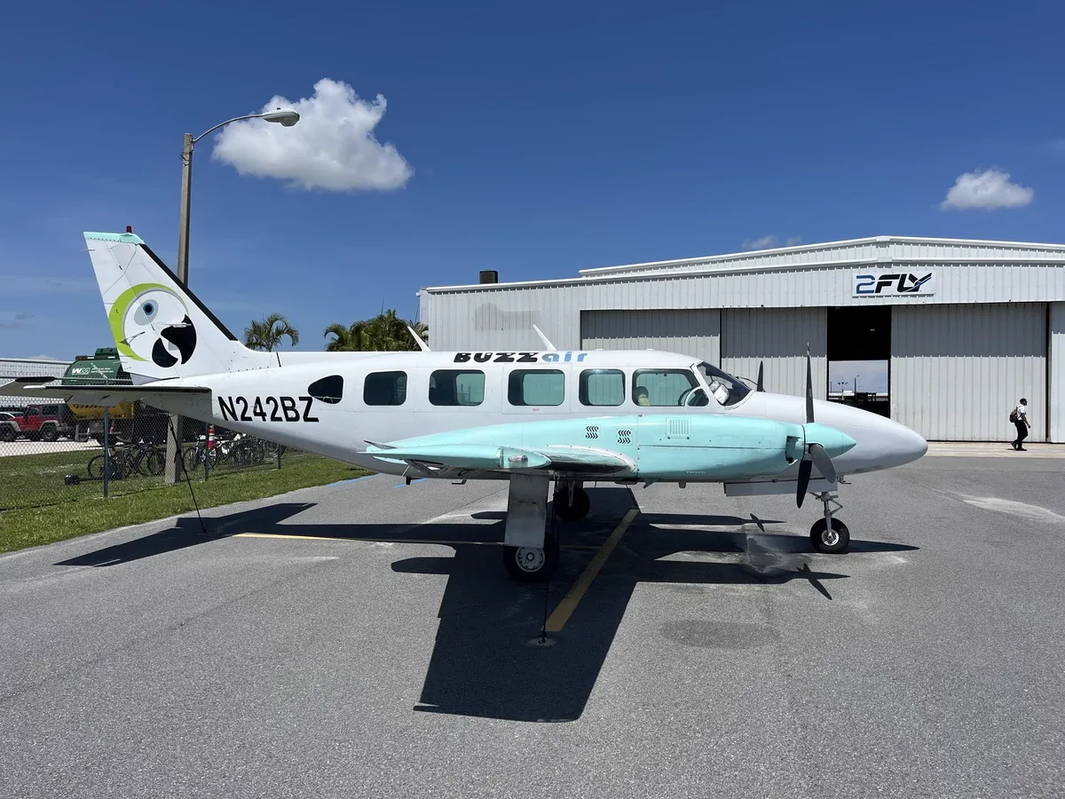 Exterior view of a 1973 Piper Navajo Chieftain, N242BZ.