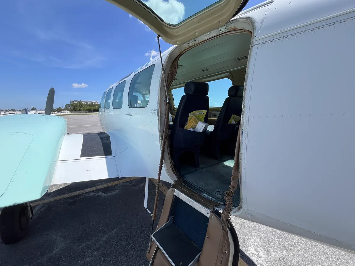 Exterior view of a 1973 Piper Navajo Chieftain, N242BZ.