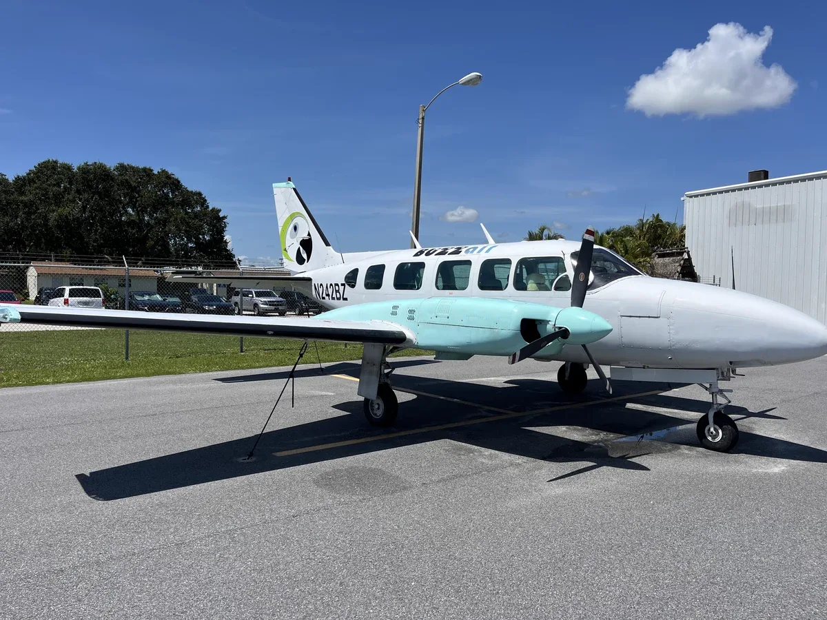 Exterior view of a 1973 Piper Navajo Chieftain, N242BZ.