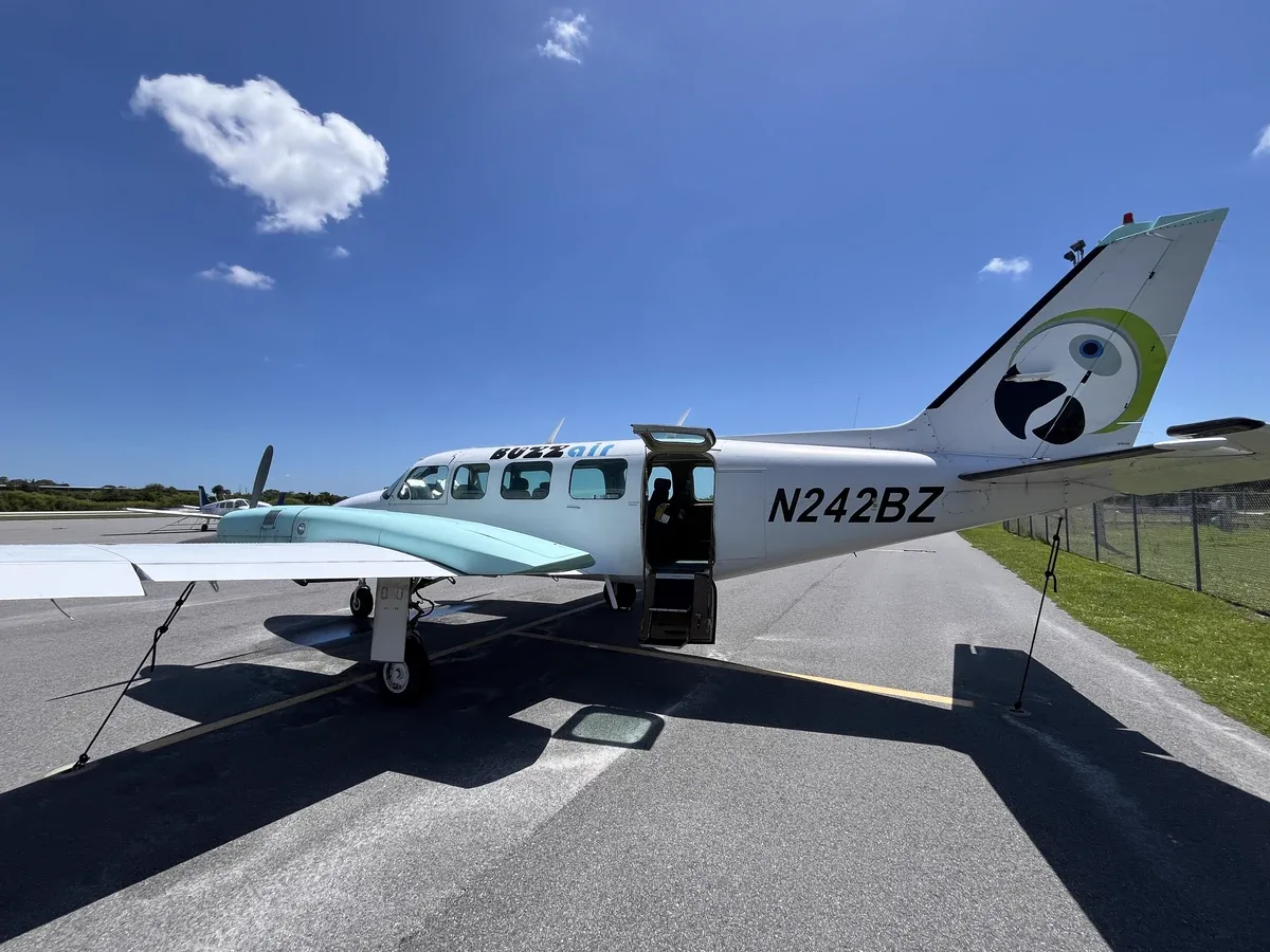Exterior view of a 1973 Piper Navajo Chieftain, N242BZ.