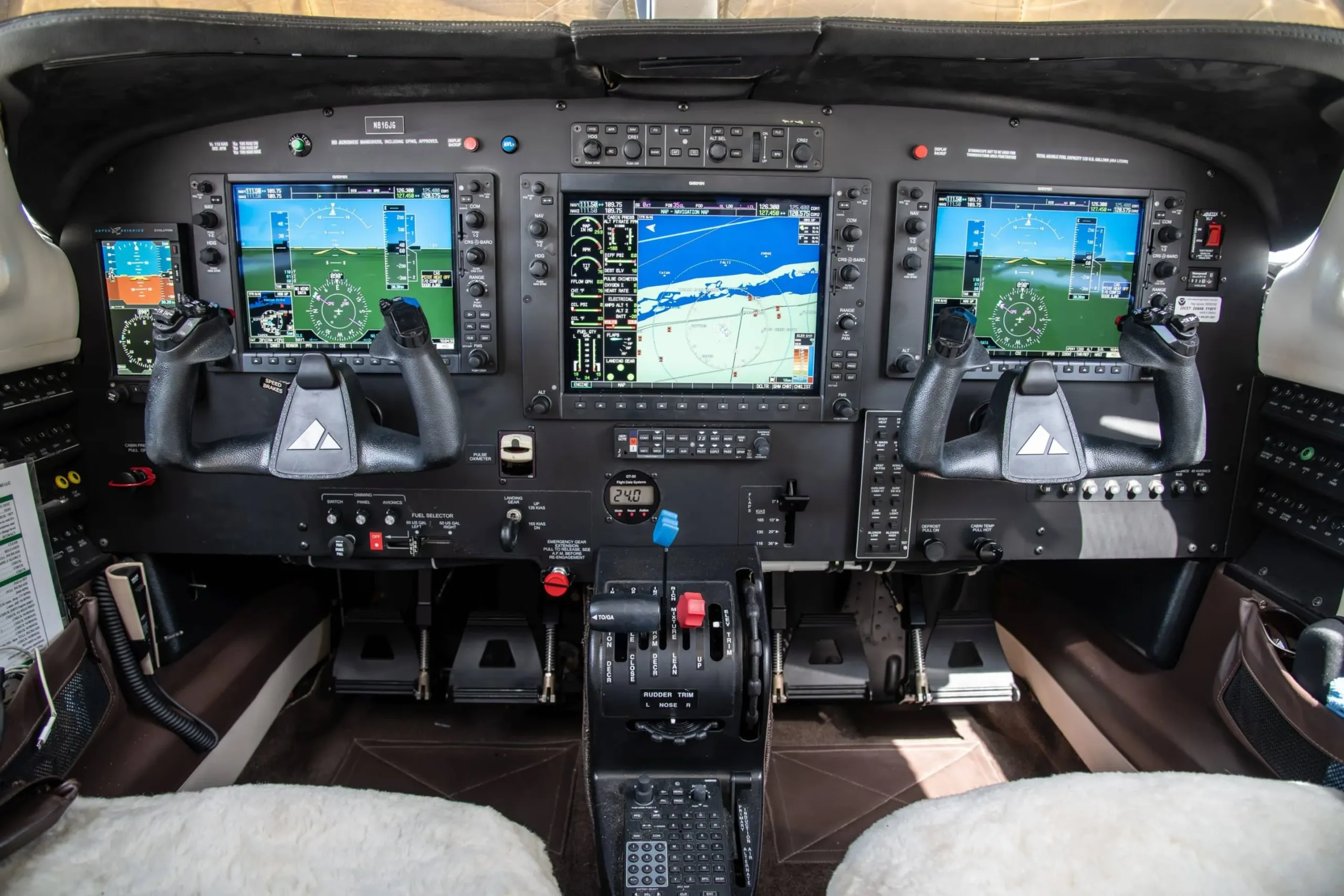 Cockpit and instrument panel of a 2016 Piper M350.