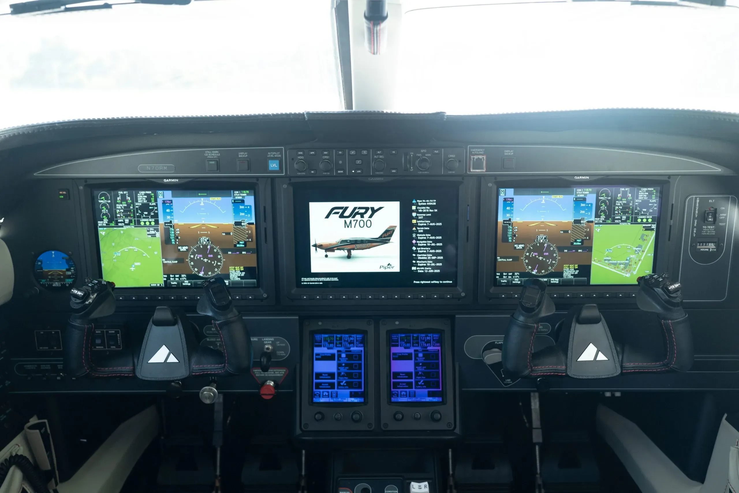 Cockpit and instrument panel of a 2024 Piper M700 Fury.