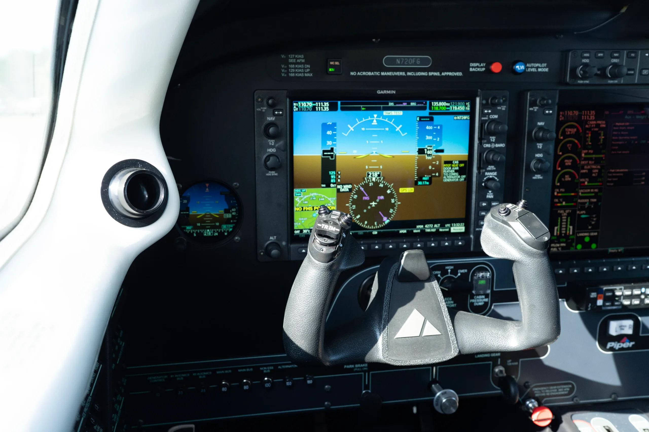 Cockpit and instrument panel of a 2025 Piper M500.