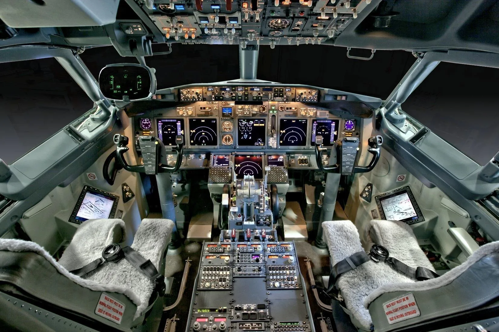 Cockpit and instrument panel of a 2008 Boeing BBJ3 37560 YH301.