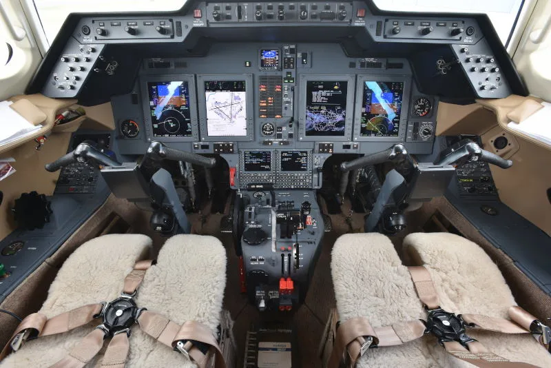 Cockpit and instrument panel of a 2012 Hawker 900XP.