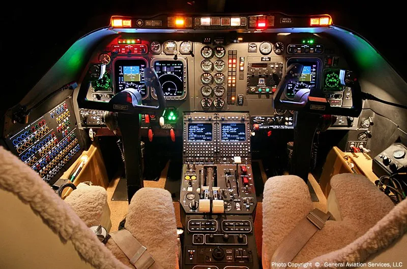 Cockpit and instrument panel of a 1990 Beechjet 400A.