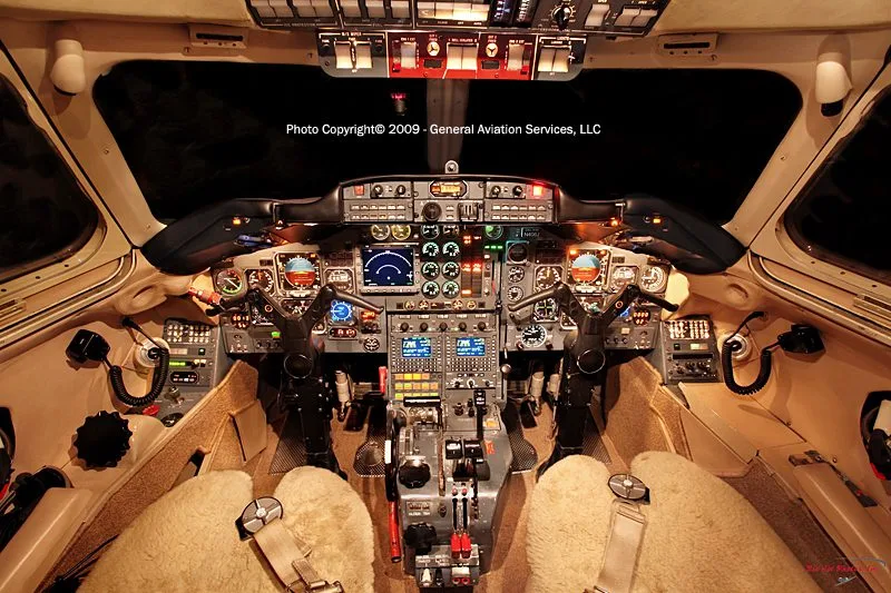 Cockpit and instrument panel of a 1977 Hawker 700A.