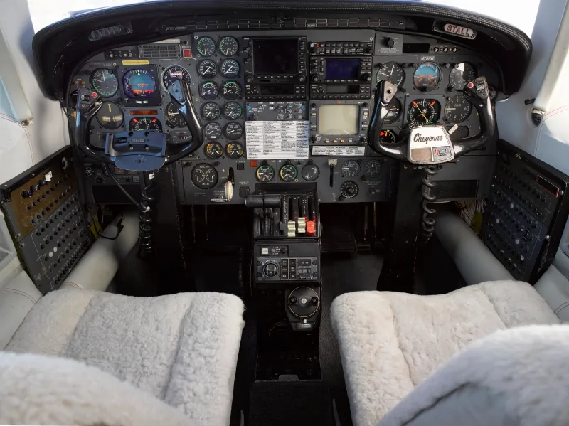 Cockpit and instrument panel of a 1981 Piper Cheyenne III.
