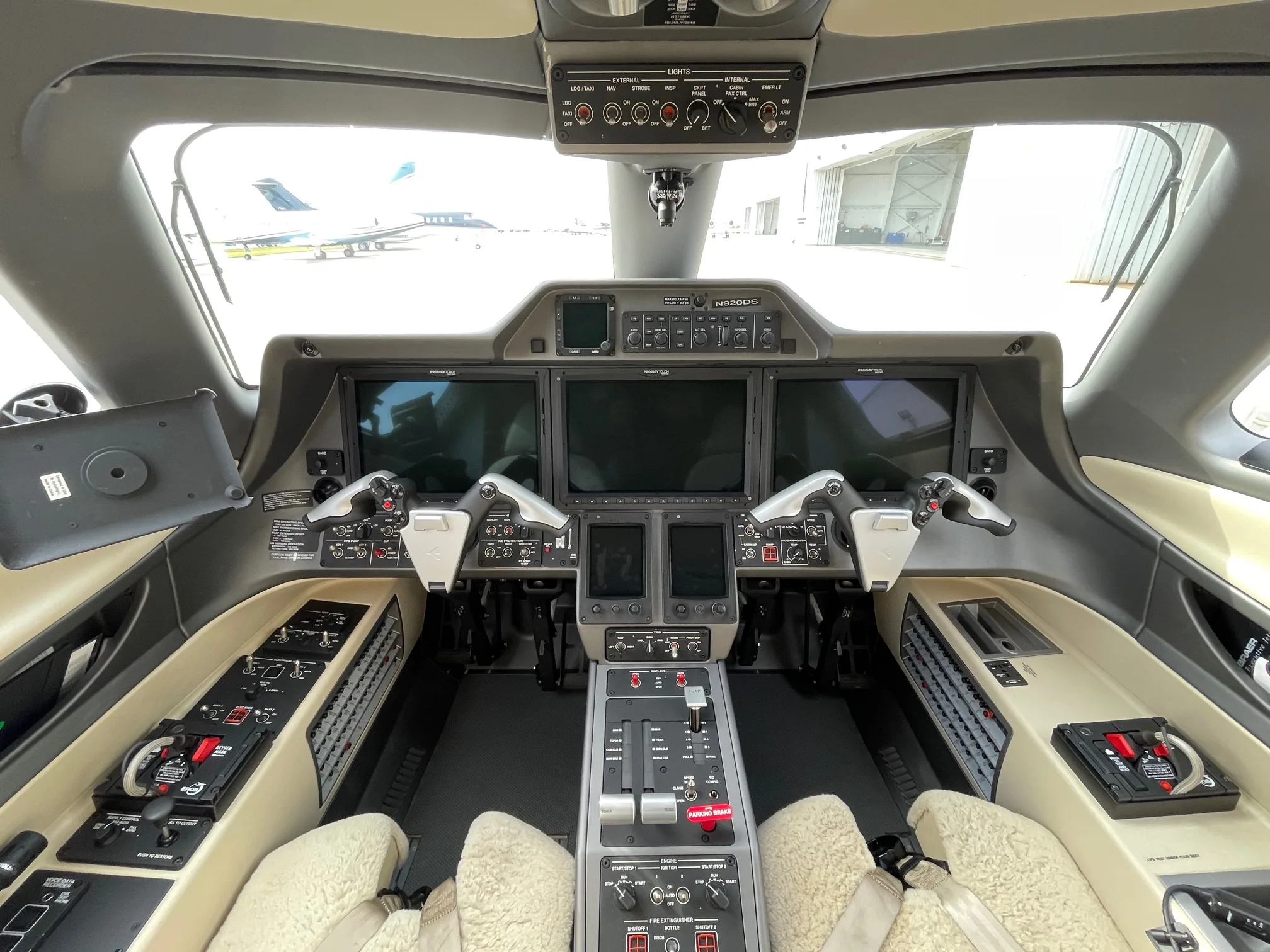 Cockpit and instrument panel of a 2019 Embraer Phenom 300E.