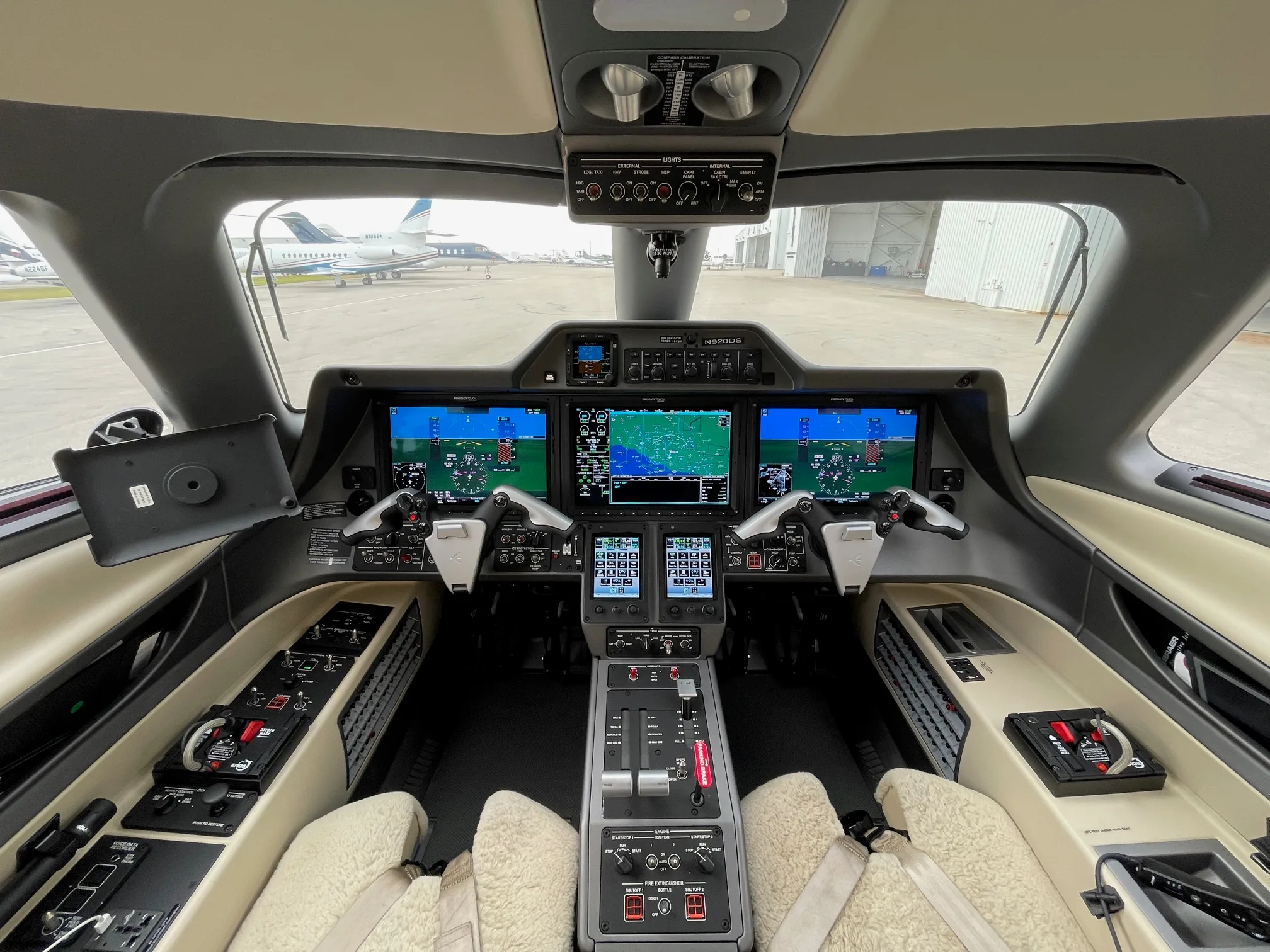 Cockpit and instrument panel of a 2019 Embraer Phenom 300E.