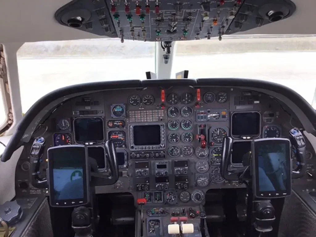 Cockpit and instrument panel of a 1981 Dassault Falcon.