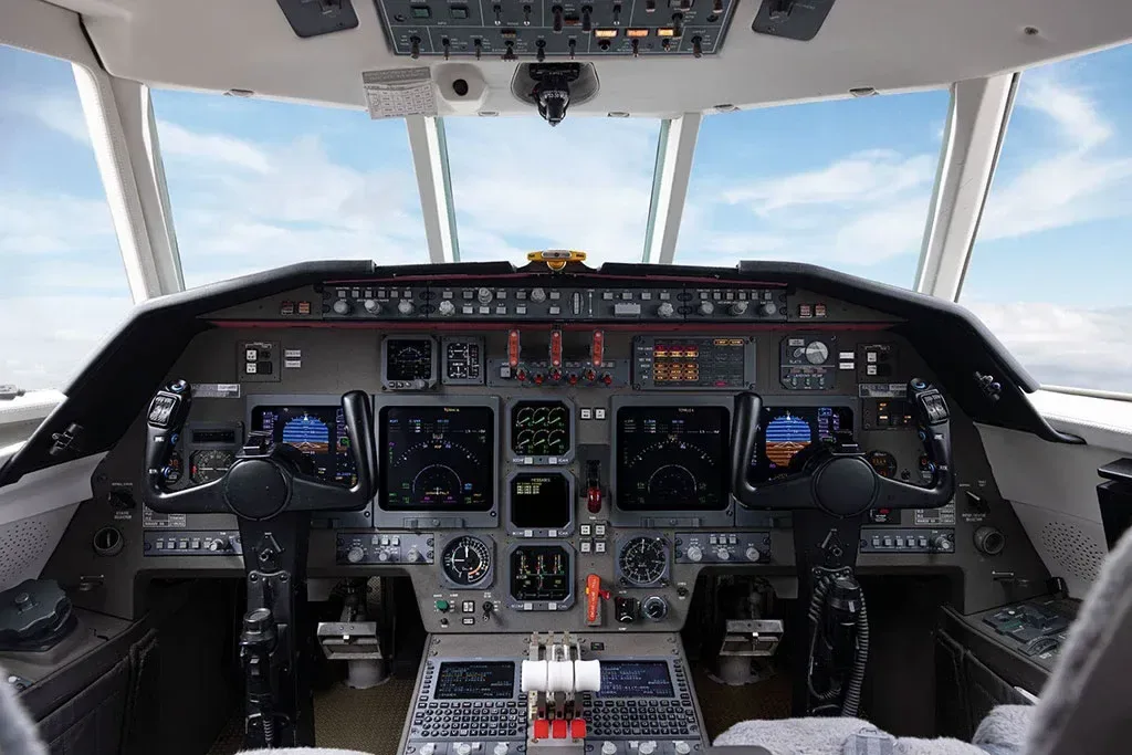 Cockpit and instrument panel of a 2002 Dassault Falcon.