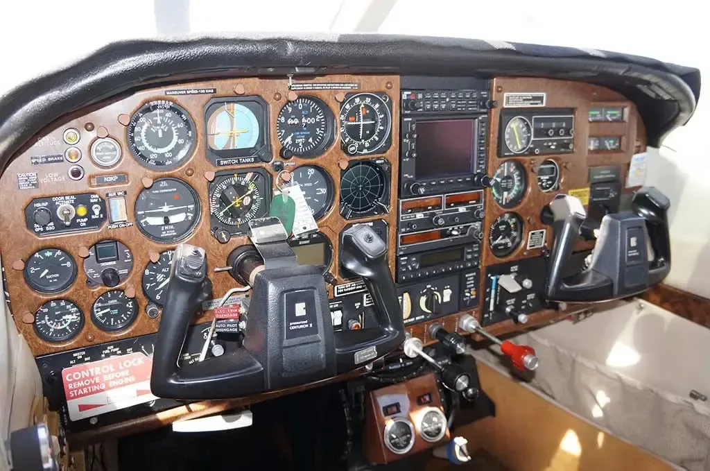 Cockpit and instrument panel of a 1981 Cessna P210N.