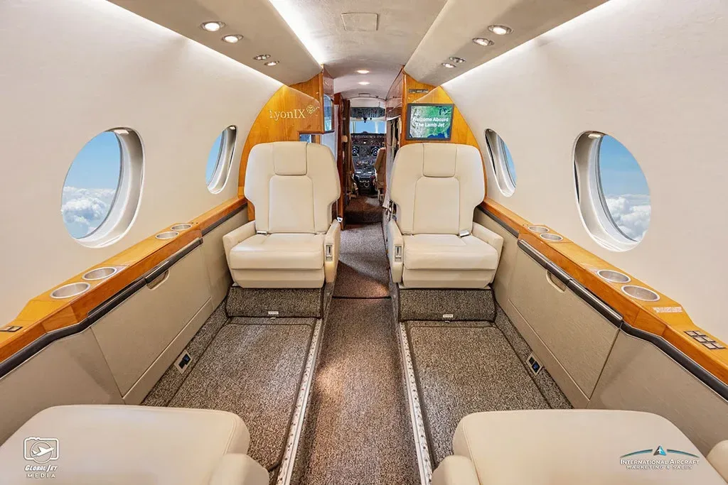 Cabin interior of a 1986 Dassault Falcon.