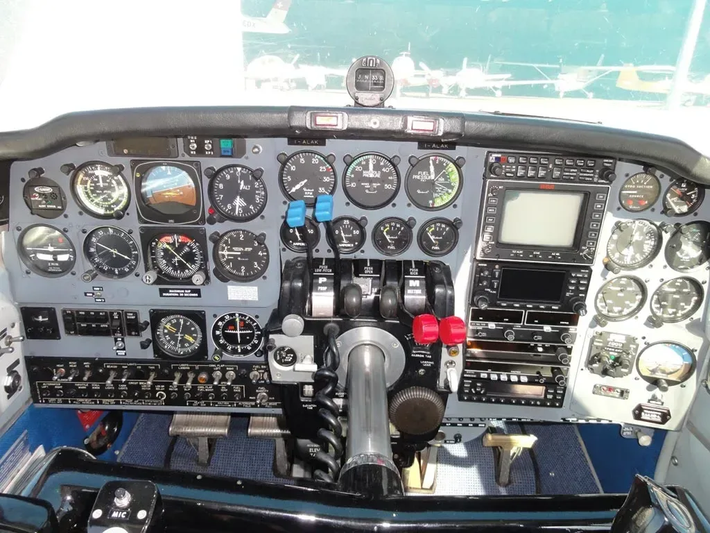 Cockpit and instrument panel of a 1968 Beechcraft Baron.