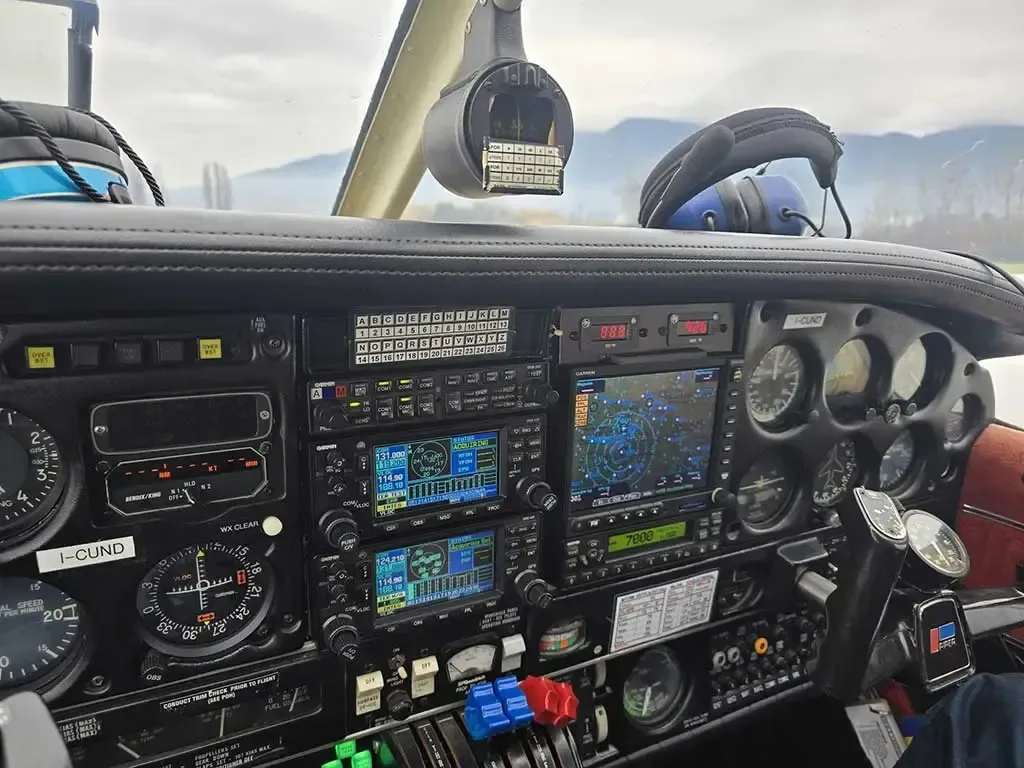 Cockpit and instrument panel of a 1979 Piper Seneca II.