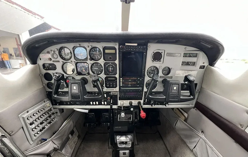 Cockpit and instrument panel of a 1979 Cessna P210N.